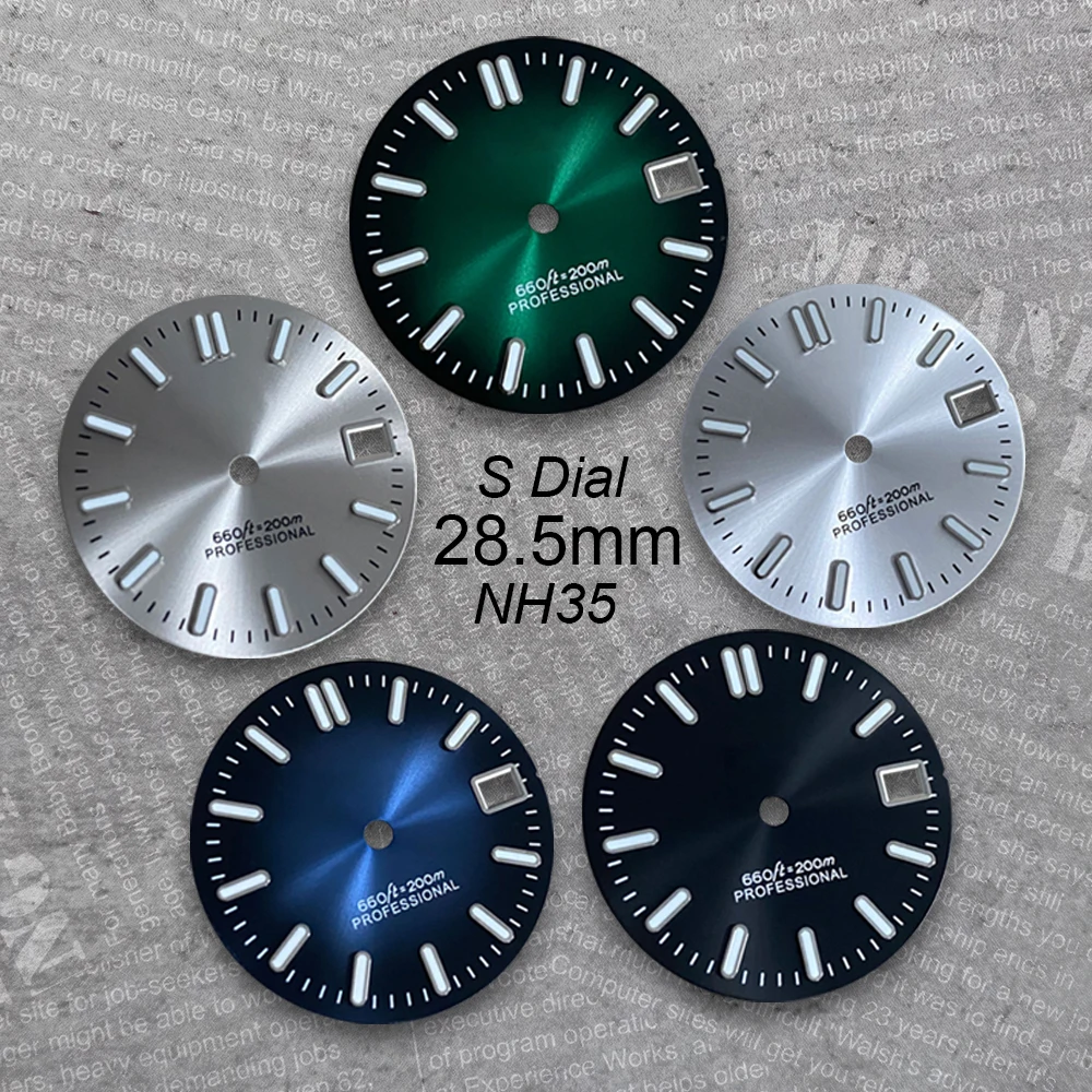 28.5 mm Sunburst S Logo Dial Suitable For NH35 Japan Movement Green Luminous Diving High Quality Watch Modification Accessories
28.5 mm Sunburst S Logo Dial Suitable For NH35 Japan Movement Green Luminous Diving High Quality Watch Modification Accessories