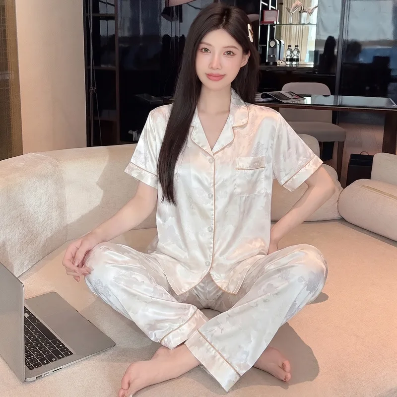 Summer New Women's Short-Sleeve Pajamas, Light Luxury High-End Ice Silk Pajamas with Long Pants, Casual Homewear Two-Piece Set
Summer New Women's Short-Sleeve Pajamas, Light Luxury High-End Ice Silk Pajamas with Long Pants, Casual Homewear Two-Piece Set