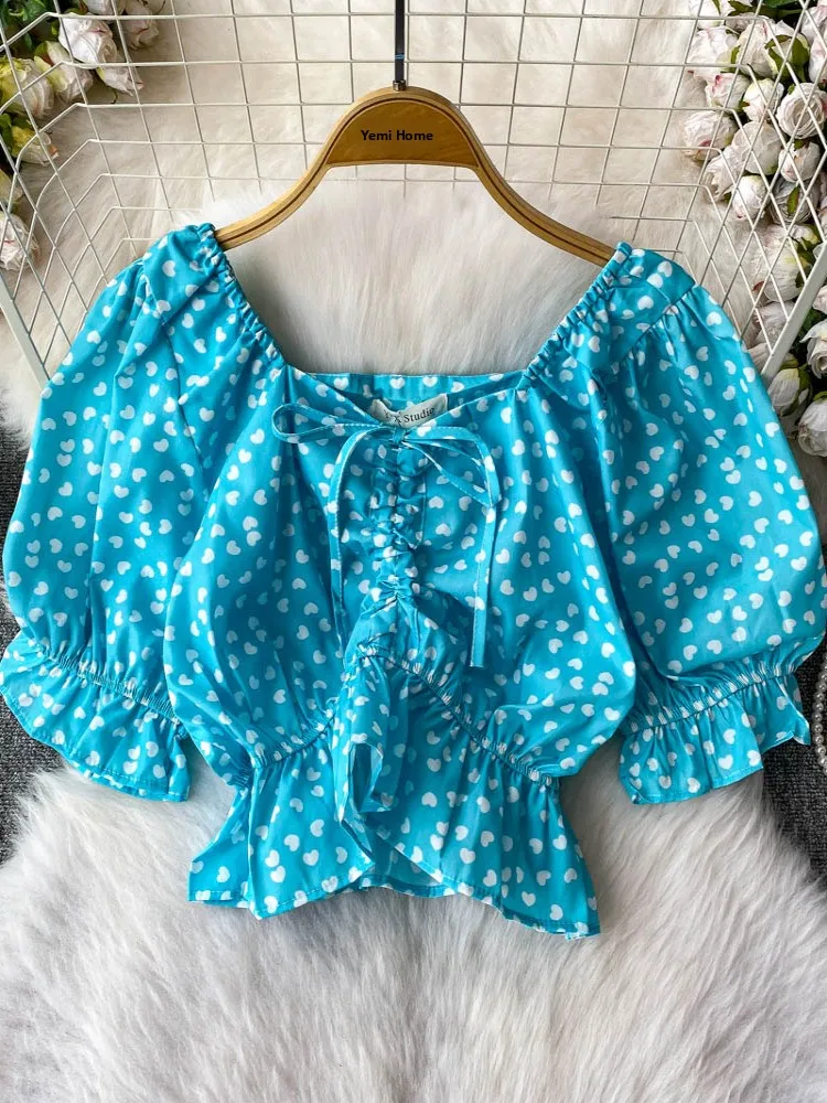 Summer ort Bubble Sve irt Women's Square Collar Design Sense Pleated Slimming Slim Fit Heart Knot T Top 
Summer ort Bubble Sve irt Women's Square Collar Design Sense Pleated Slimming Slim Fit Heart Knot T Top