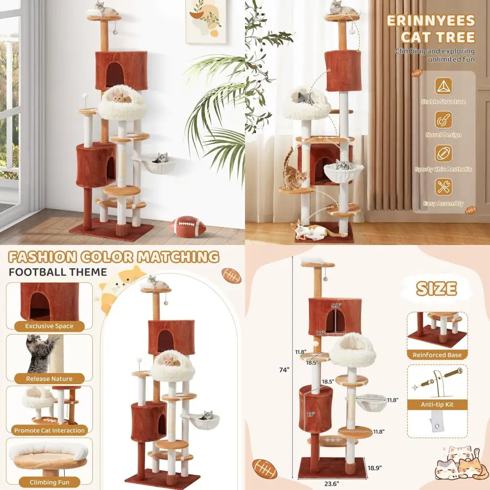 74-Inch Tall Football-Themed Cat Tree with Cozy Cave Bed, Spacious Condos for Indoor Cats, Sisal-Covered Posts for Climbing and
74-Inch Tall Football-Themed Cat Tree with Cozy Cave Bed, Spacious Condos for Indoor Cats, Sisal-Covered Posts for Climbing and