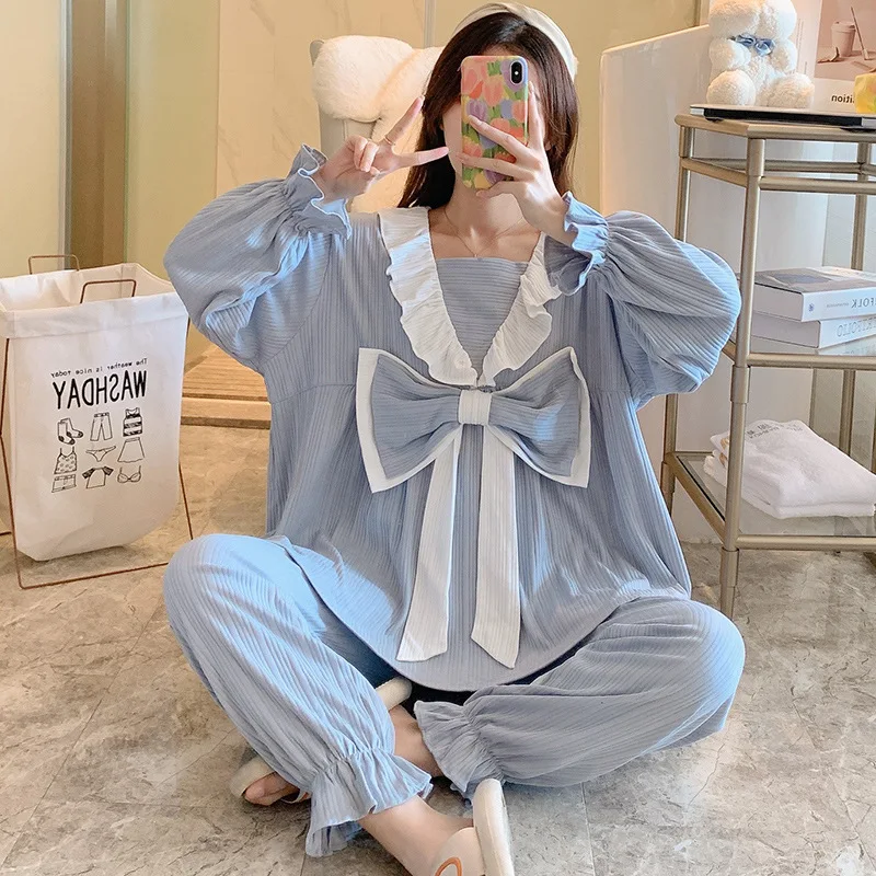 Женские пижамы в стиле принцессы с рюшами и белыми сердечками и бантом, хлопковая одежда для сна с текстурой, весна-осень, свободный размер, домашняя одежда 
Женские пижамы в стиле принцессы с рюшами и белыми сердечками и бантом, хлопковая одежда для сна с текстурой, весна-осень, свободный размер, домашняя одежда