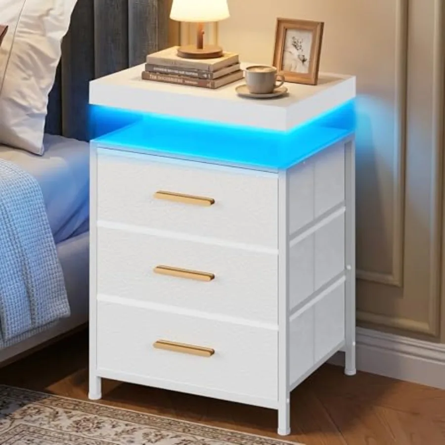 Nightstand with LED Lights, 3 Fabric Storage Drawers, Bedside Table with Floating Wood Top and PU Leather Fronts, Compact Moder
Nightstand with LED Lights, 3 Fabric Storage Drawers, Bedside Table with Floating Wood Top and PU Leather Fronts, Compact Moder