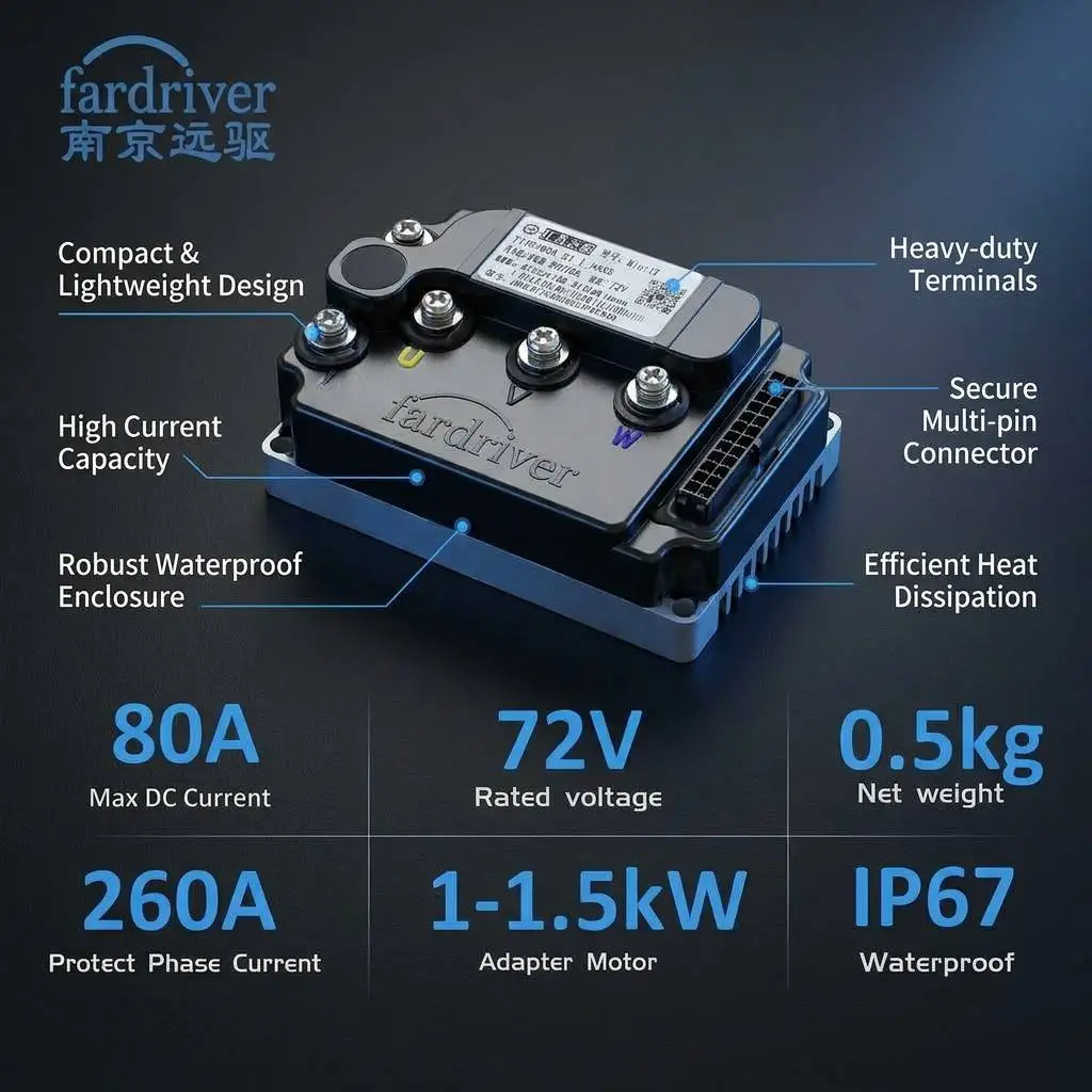 Fardriver ND72260 MiNi12 72V 1500W Sine Wave Programmable BLDC Controller with Bluetooth for Electric Motorcycle Scooter
Fardriver ND72260 MiNi12 72V 1500W Sine Wave Programmable BLDC Controller with Bluetooth for Electric Motorcycle Scooter