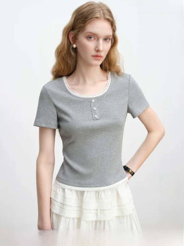 Sweet Lace Splice Short T-Shirt Cute Style Slim Fit Cotton Blend Elastic Fiber round Neck Regular Sleeve Summer New Arrival
Sweet Lace Splice Short T-Shirt Cute Style Slim Fit Cotton Blend Elastic Fiber round Neck Regular Sleeve Summer New Arrival