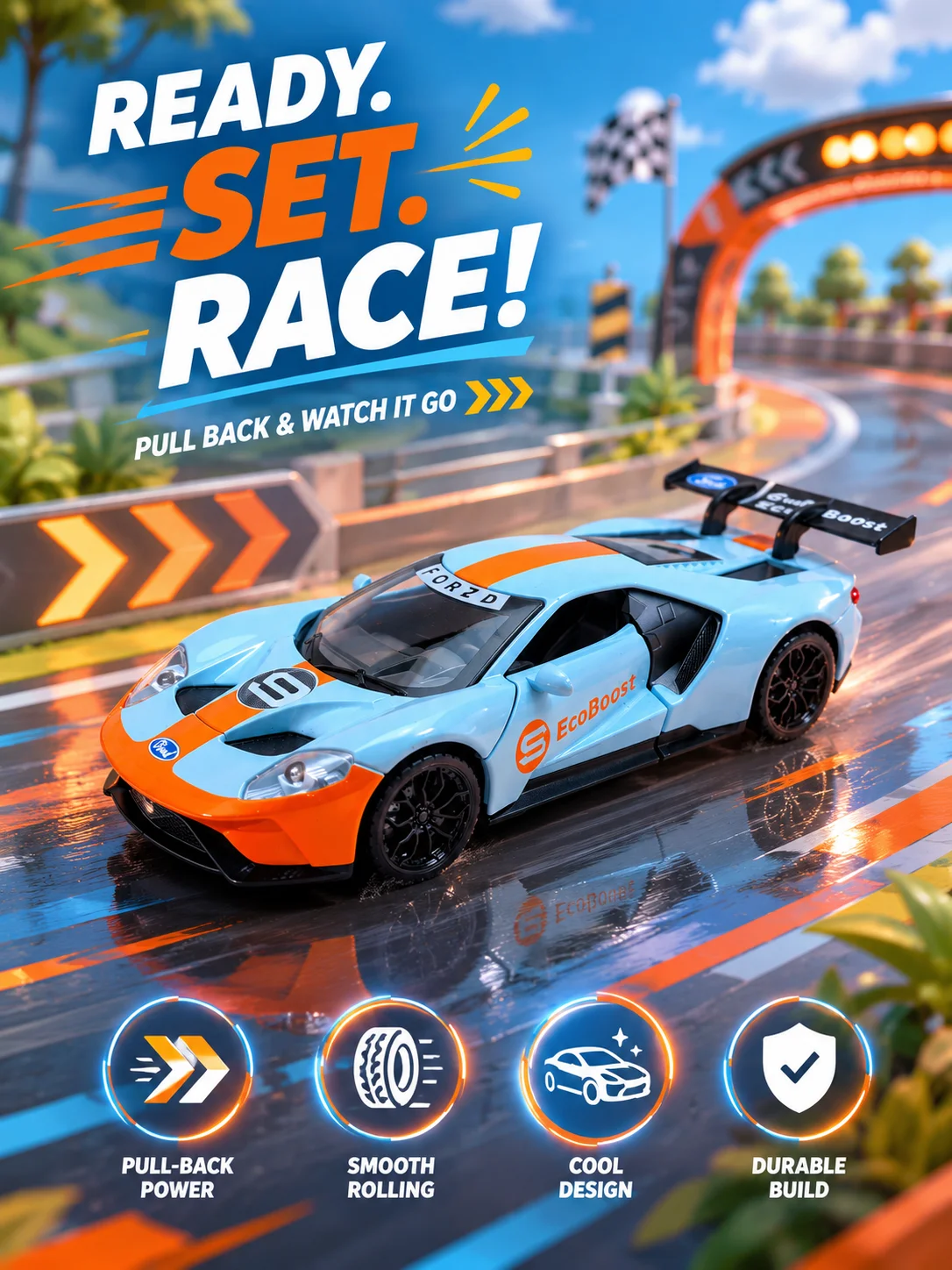 1:32 Scale Collectible Diecast Race Car Model with Gulf Style Livery, Openable Doors & Rear Wing
1:32 Scale Collectible Diecast Race Car Model with Gulf Style Livery, Openable Doors & Rear Wing