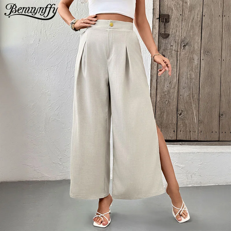 Benuynffy Solid Color High Split Suit Pants Women's Summer 2025 New Elastic Waist OL Female Casual Wide-leg Trousers
Benuynffy Solid Color High Split Suit Pants Women's Summer 2025 New Elastic Waist OL Female Casual Wide-leg Trousers