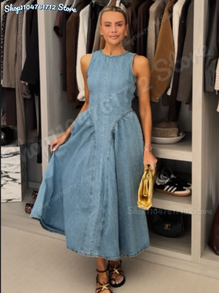 Sexy Women Backless Lace Up High Waisted Denim Dress Fashion O Neck Sleeveless A Line Dresses Spring Chic Lady Street Robes
Sexy Women Backless Lace Up High Waisted Denim Dress Fashion O Neck Sleeveless A Line Dresses Spring Chic Lady Street Robes