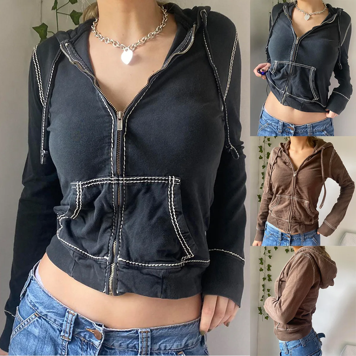Sewing Thread Coat 2000s Aesthetic Women Long Sleeve Crop Tops with Pockets y2k Grunge Zipper Hooded Jacket Streetwear
Sewing Thread Coat 2000s Aesthetic Women Long Sleeve Crop Tops with Pockets y2k Grunge Zipper Hooded Jacket Streetwear