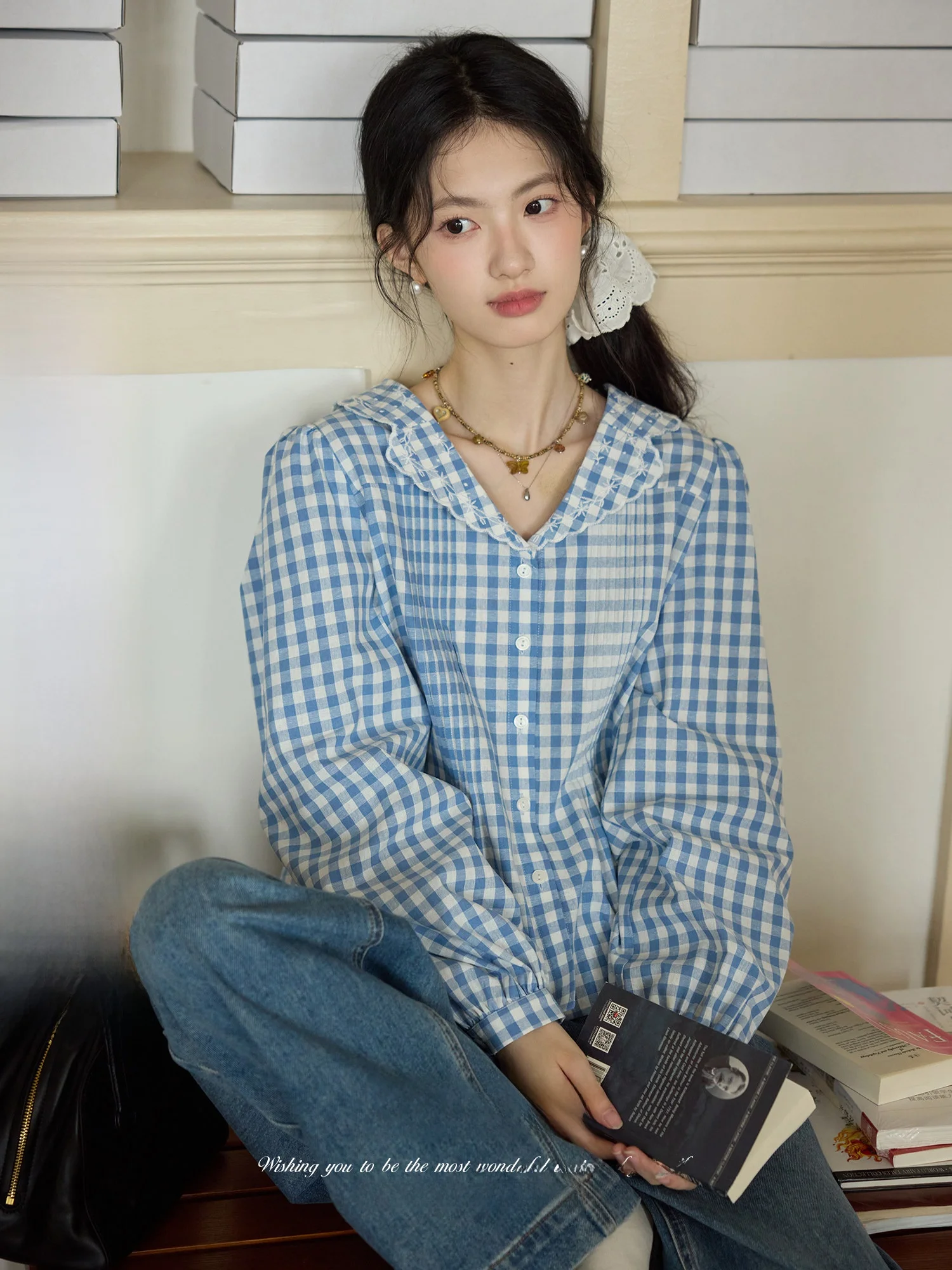 Retro ORWhite Spring 2026 Women's irt with Lace Collar And Blue White Plaid Pattern Classic And Ele Cotton Long Sve
Retro ORWhite Spring 2026 Women's irt with Lace Collar And Blue White Plaid Pattern Classic And Ele Cotton Long Sve