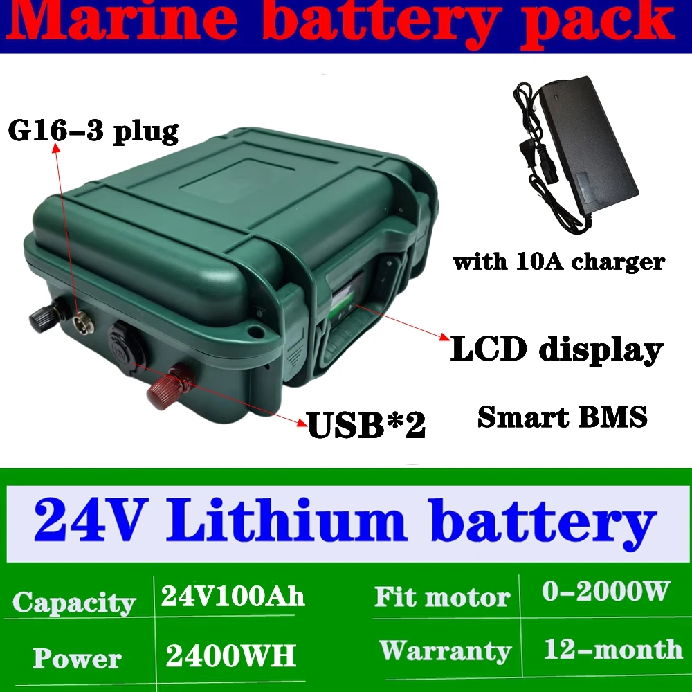 Marine lithium-ion battery pack waterproof Rechargeable 24V100Ah 150Ah 200Ah BMS for Trolling Motor Boat Propeller+10A Charger.
Marine lithium-ion battery pack waterproof Rechargeable 24V100Ah 150Ah 200Ah BMS for Trolling Motor Boat Propeller+10A Charger.
