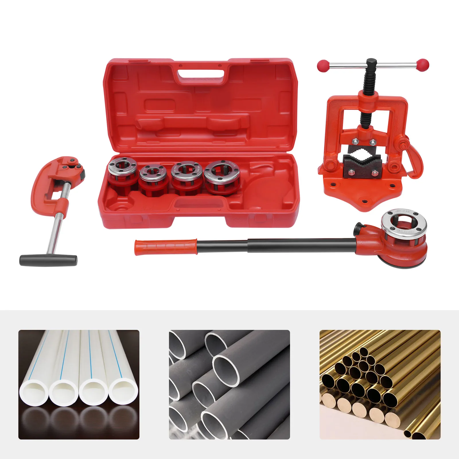 Manual Ratcheting Pipe Threader Kit with 5 Dies, Pipe Cutter & Vise - Portable Tool Set for Pipe Threading
Manual Ratcheting Pipe Threader Kit with 5 Dies, Pipe Cutter & Vise - Portable Tool Set for Pipe Threading