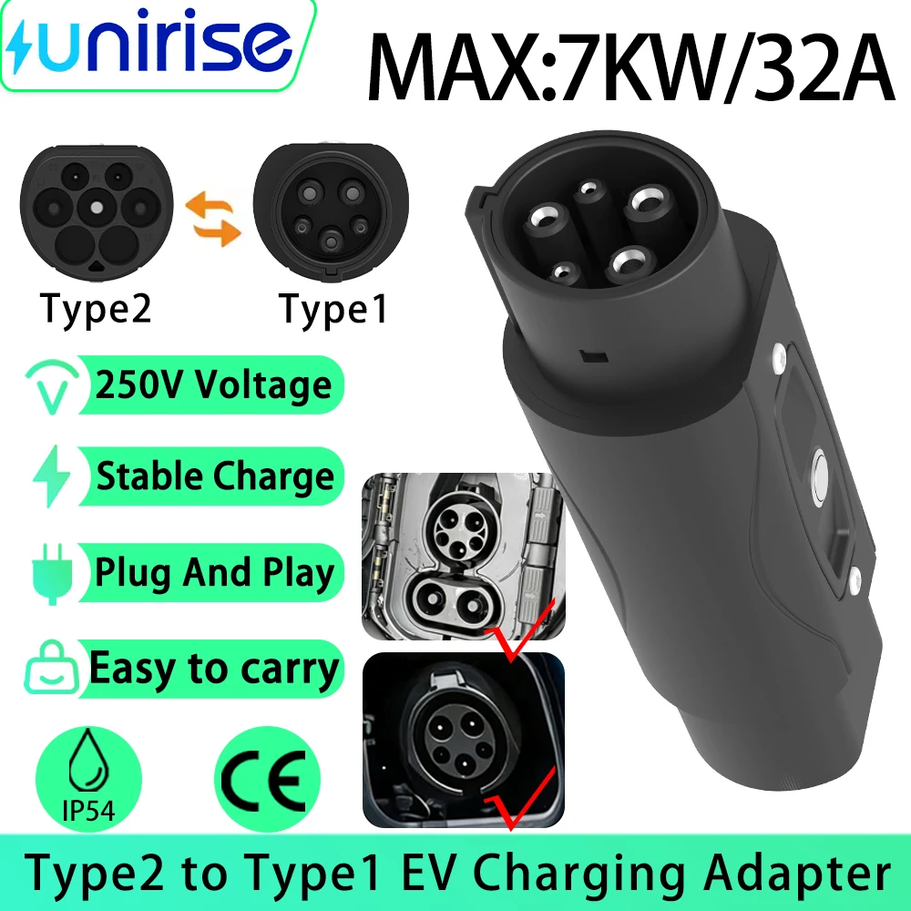Unirise 32A 7KW EV Charger Adapter Type 2 to Type1 AC Converter IEC 62196-2 J1772 Connector for USA Electric Vehicle Charging
Unirise 32A 7KW EV Charger Adapter Type 2 to Type1 AC Converter IEC 62196-2 J1772 Connector for USA Electric Vehicle Charging