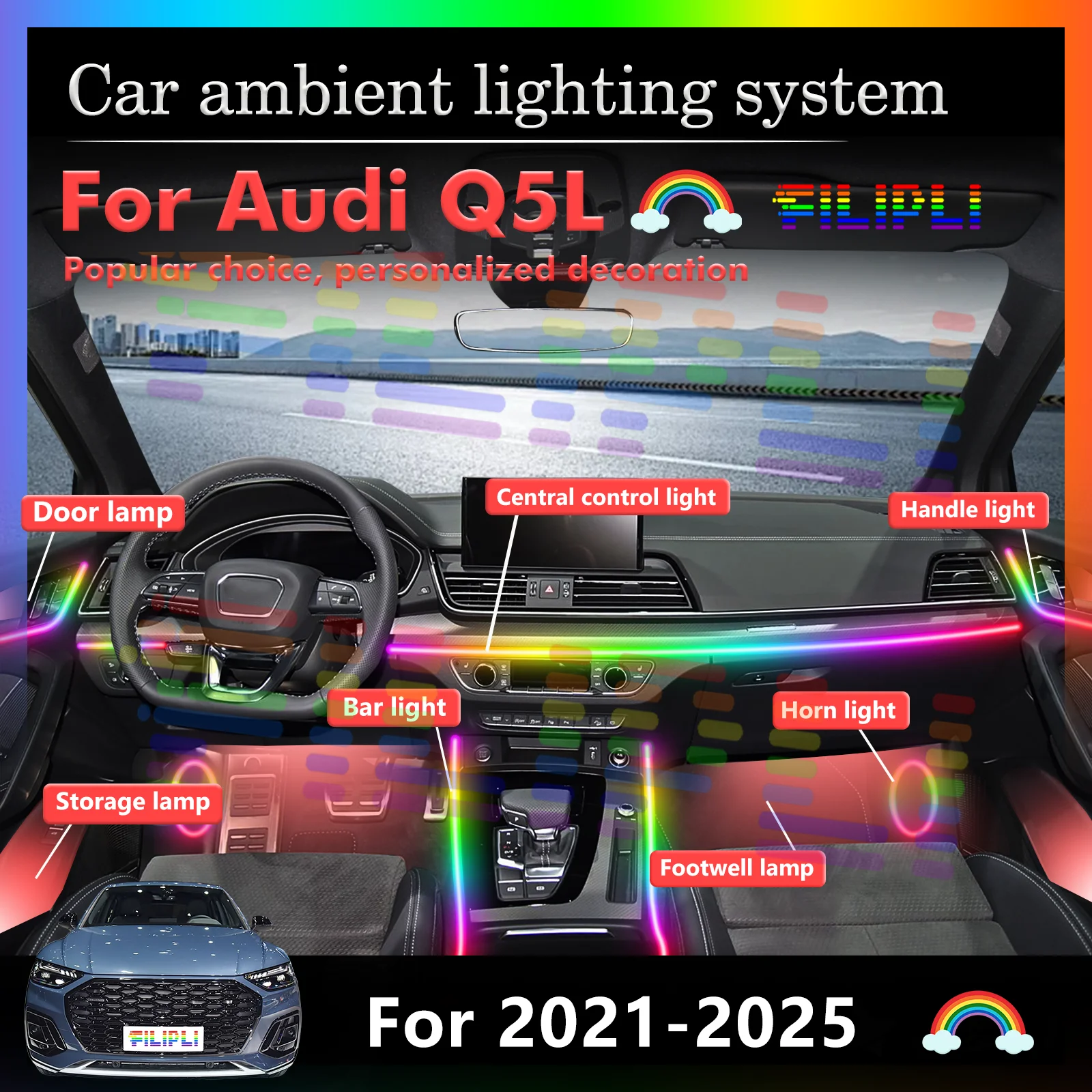 Для Audi Q5L для 2010-2025 салон автомобиля, декоративное окружающее освещение RGB, 64-цветный светодиодный умный пульт дистанционного управления, энергосберегающий комплект
Для Audi Q5L для 2010-2025 салон автомобиля, декоративное окружающее освещение RGB, 64-цветный светодиодный умный пульт дистанционного управления, энергосберегающий комплект