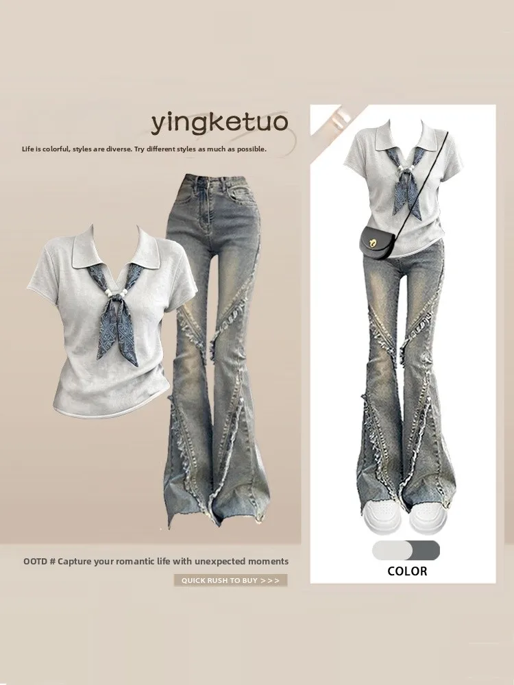 Hong Kong Style Short Sleeve T-Shirt And Flared Jeans Women's Summer Fashion High-End Feelings Two-Piece Set with Lace Details
Hong Kong Style Short Sleeve T-Shirt And Flared Jeans Women's Summer Fashion High-End Feelings Two-Piece Set with Lace Details