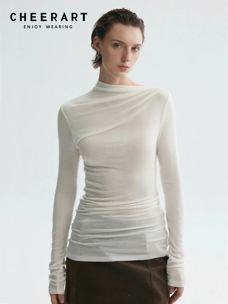 CHEERART Lyocell Designer Pleats Long Sleeve T Shirt For Woman Skew Neck Knit Top Sheer Fashion Tees Autumn Spring Clothes
CHEERART Lyocell Designer Pleats Long Sleeve T Shirt For Woman Skew Neck Knit Top Sheer Fashion Tees Autumn Spring Clothes