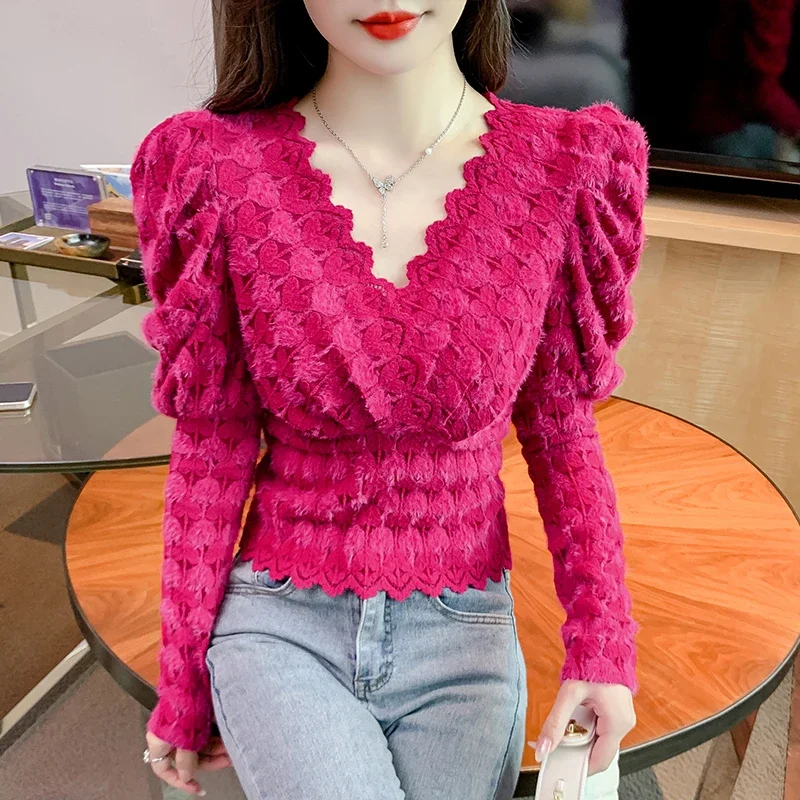 French V-neck Puff Sleeve Lace T-Shirts Female Solid Color Long Sleeve Sexy Crop Tops Fashion Temperament Slim Bottoming Shirts
French V-neck Puff Sleeve Lace T-Shirts Female Solid Color Long Sleeve Sexy Crop Tops Fashion Temperament Slim Bottoming Shirts
