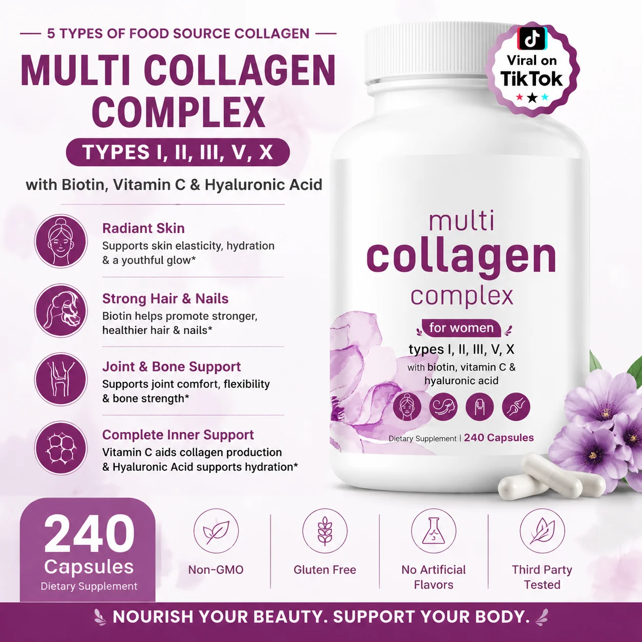 Multi Collagen Complex Capsules Types I II III V X with Biotin Vitamin C Hyaluronic Acid, Hair Skin Nails & Joint, 240 Count
Multi Collagen Complex Capsules Types I II III V X with Biotin Vitamin C Hyaluronic Acid, Hair Skin Nails & Joint, 240 Count
