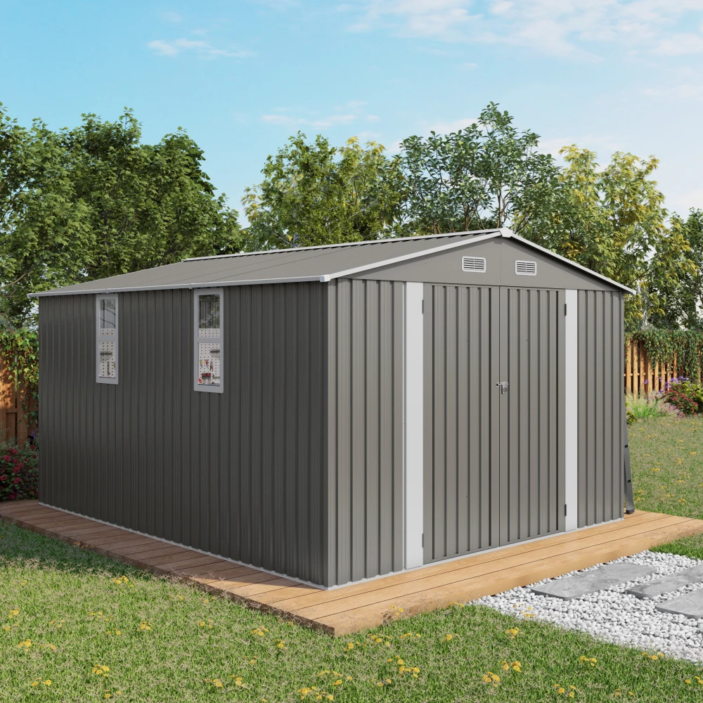 10x12FT Outdoor Storage Shed Large Metal Garden Shed with Double Door and Two Translucent Windows Waterproof Tool Shed for Backyard Patio Lawn Poolside ,Grey Color
10x12FT Outdoor Storage Shed Large Metal Garden Shed with Double Door and Two Translucent Windows Waterproof Tool Shed for Backyard Patio Lawn Poolside ,Grey Color