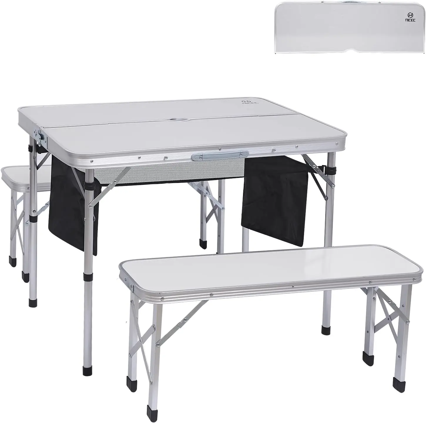 Camping Table with 2 Bench, Hole for Umbrella, Mesh net for Storage, Backyard, Party
Camping Table with 2 Bench, Hole for Umbrella, Mesh net for Storage, Backyard, Party