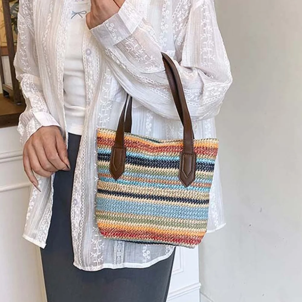 Elegant Woven Bucket Bag Large Capacity Retro Straw Weaving Handbag Rainbow Stripes Polyester Small Square Bag Daily
Elegant Woven Bucket Bag Large Capacity Retro Straw Weaving Handbag Rainbow Stripes Polyester Small Square Bag Daily