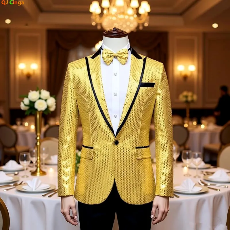 Men's Silver Suit Jacket, Gold Circular Sequin Embellishment, Single Button V-Lapel Party Coat, Black Pink Purple Blue Red.
Men's Silver Suit Jacket, Gold Circular Sequin Embellishment, Single Button V-Lapel Party Coat, Black Pink Purple Blue Red.
