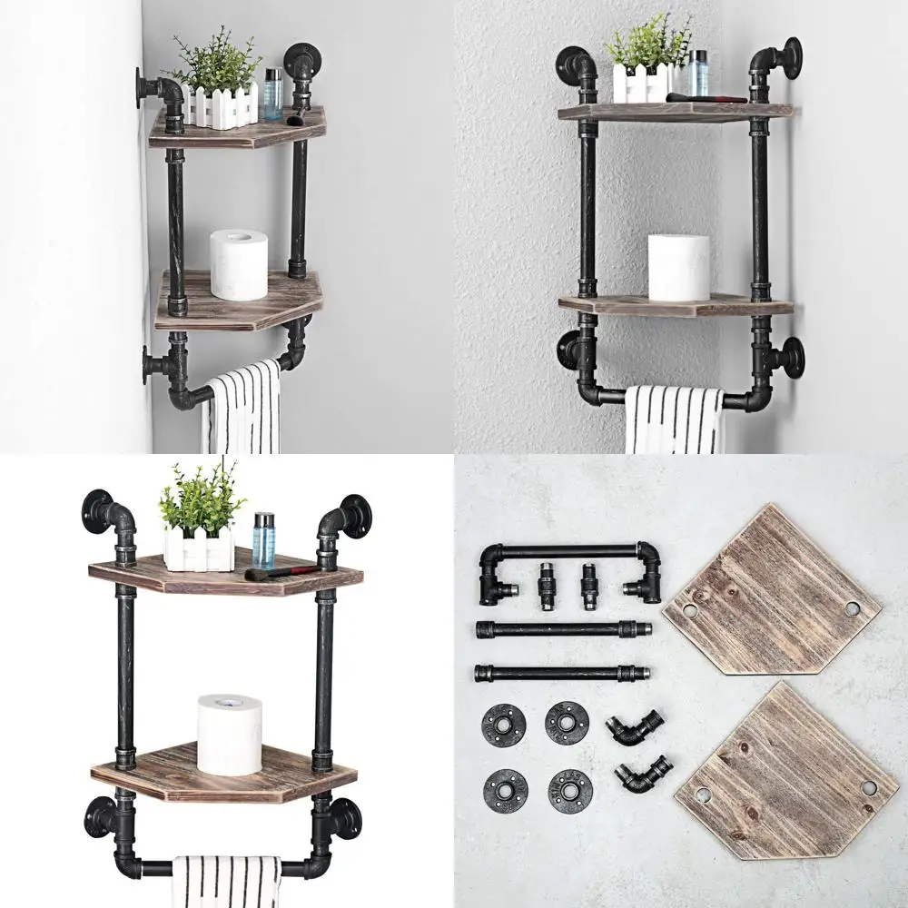 Rustic Wall-Mounted 2-Tier Metal and Wood Bathroom Shelf with Towel Bar
Rustic Wall-Mounted 2-Tier Metal and Wood Bathroom Shelf with Towel Bar