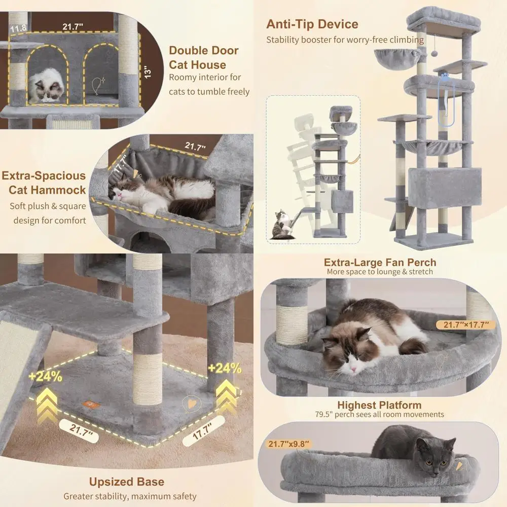 Приподнятая башня для кошек 80 для больших кошек с прочным основанием, 2 плюшевыми жердонами, когтеточками и пещерками светло-серого цвета.
Приподнятая башня для кошек 80 для больших кошек с прочным основанием, 2 плюшевыми жердонами, когтеточками и пещерками светло-серого цвета.