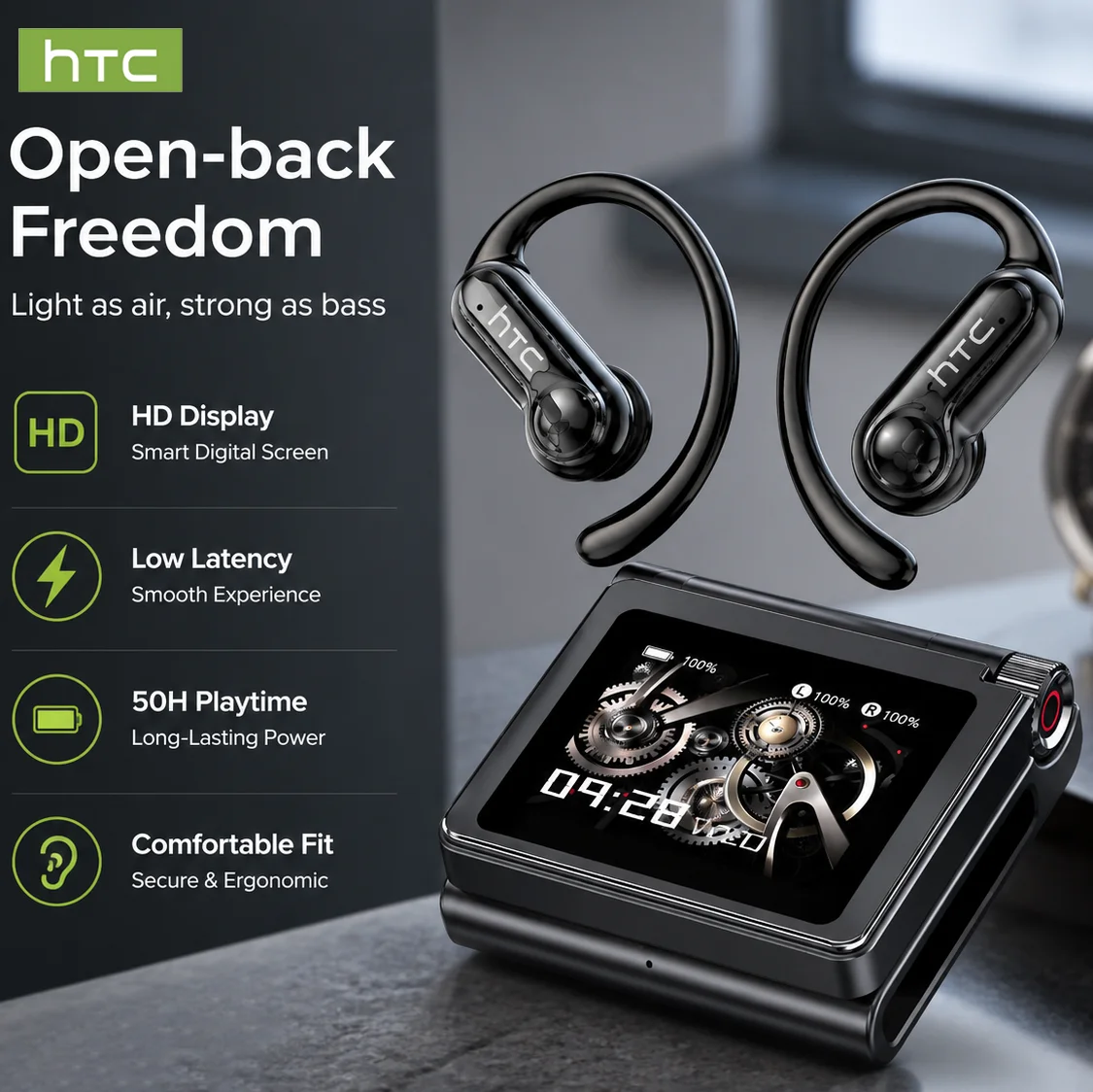 Cool Flip-Open Design HTC NE80 Full HD LCD Display Wireless Bluetooth Earphones Low latency Earbuds 50 Hrs Playback for Cycling
Cool Flip-Open Design HTC NE80 Full HD LCD Display Wireless Bluetooth Earphones Low latency Earbuds 50 Hrs Playback for Cycling