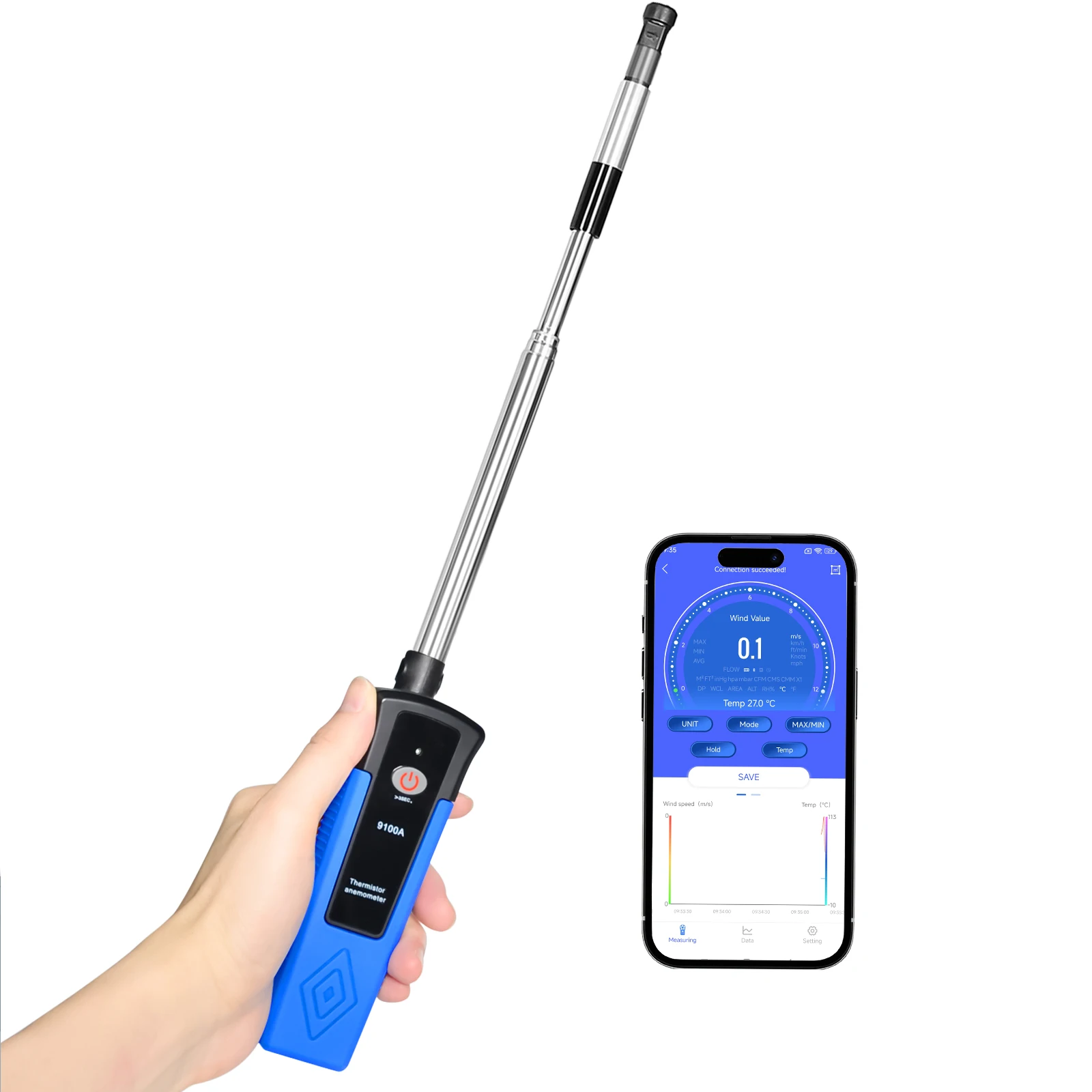 Bluetooth Thermal Anemometer 0-40m/s 650mm Extendable Probe APP Control Airflow Temp Detector HVAC Ventilation Industrial Tester
Bluetooth Thermal Anemometer 0-40m/s 650mm Extendable Probe APP Control Airflow Temp Detector HVAC Ventilation Industrial Tester