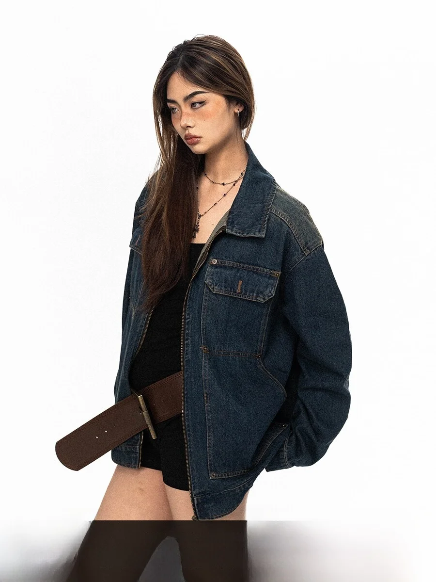 Waed out adual American Retro Embroidery Loose Casual Denim Jaet ex Blab B Vintage Sle Zipper Closure Long Sve
Waed out adual American Retro Embroidery Loose Casual Denim Jaet ex Blab B Vintage Sle Zipper Closure Long Sve