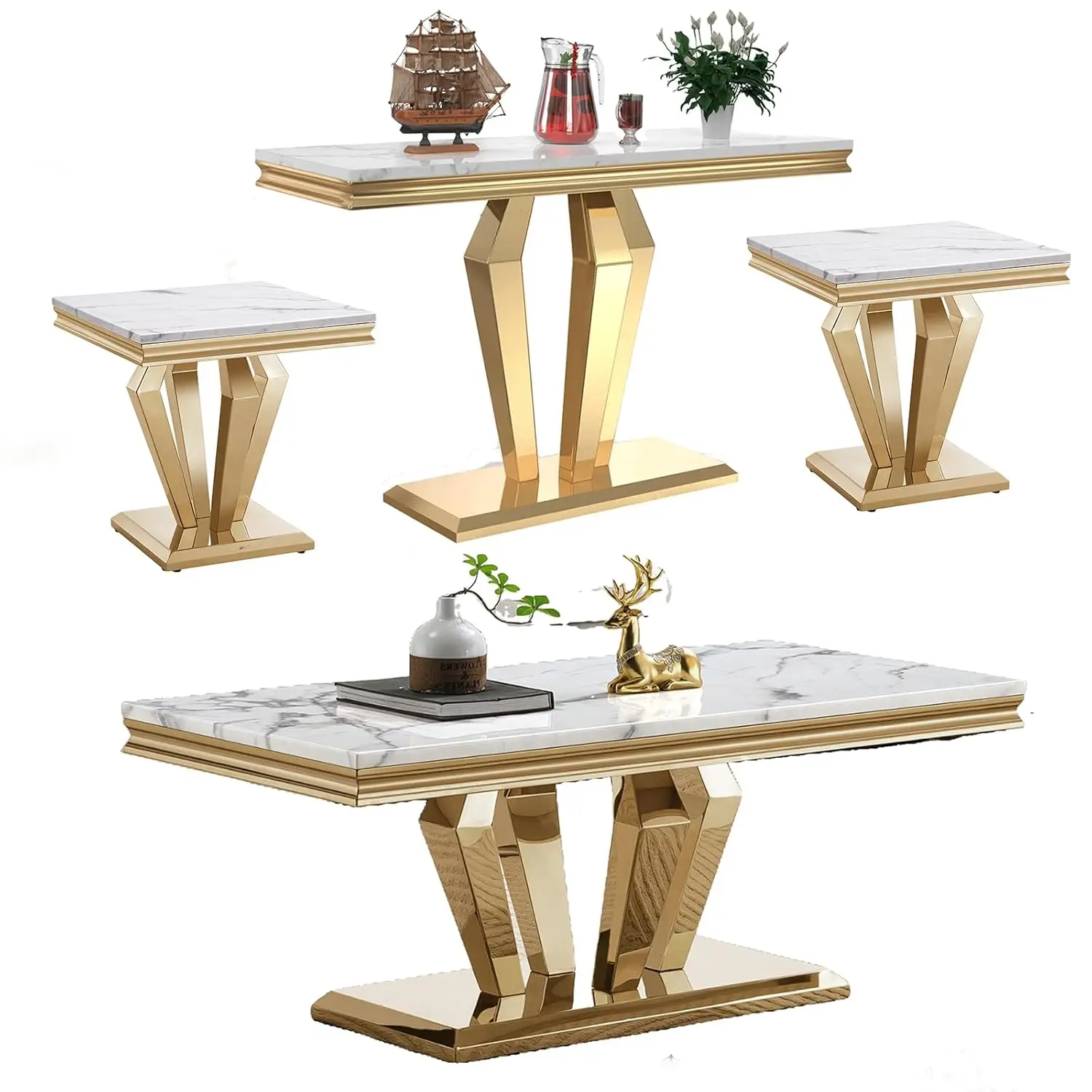 4 Piece Faux Marble Coffee Table Set with Console & 2 End Tables Gold Stainless Steel Base Living Room Home Office, Customized
4 Piece Faux Marble Coffee Table Set with Console & 2 End Tables Gold Stainless Steel Base Living Room Home Office, Customized