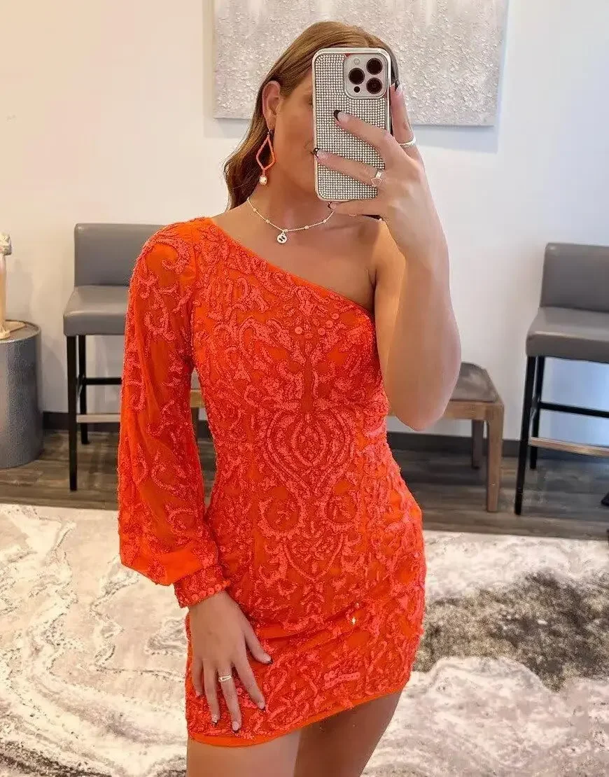 Evening Dresses Sparkly Sequin Lace Homecoming Dresses for Teens Puffy Sleeve One Shoulder Mini Prom Cocktail Gown
Evening Dresses Sparkly Sequin Lace Homecoming Dresses for Teens Puffy Sleeve One Shoulder Mini Prom Cocktail Gown