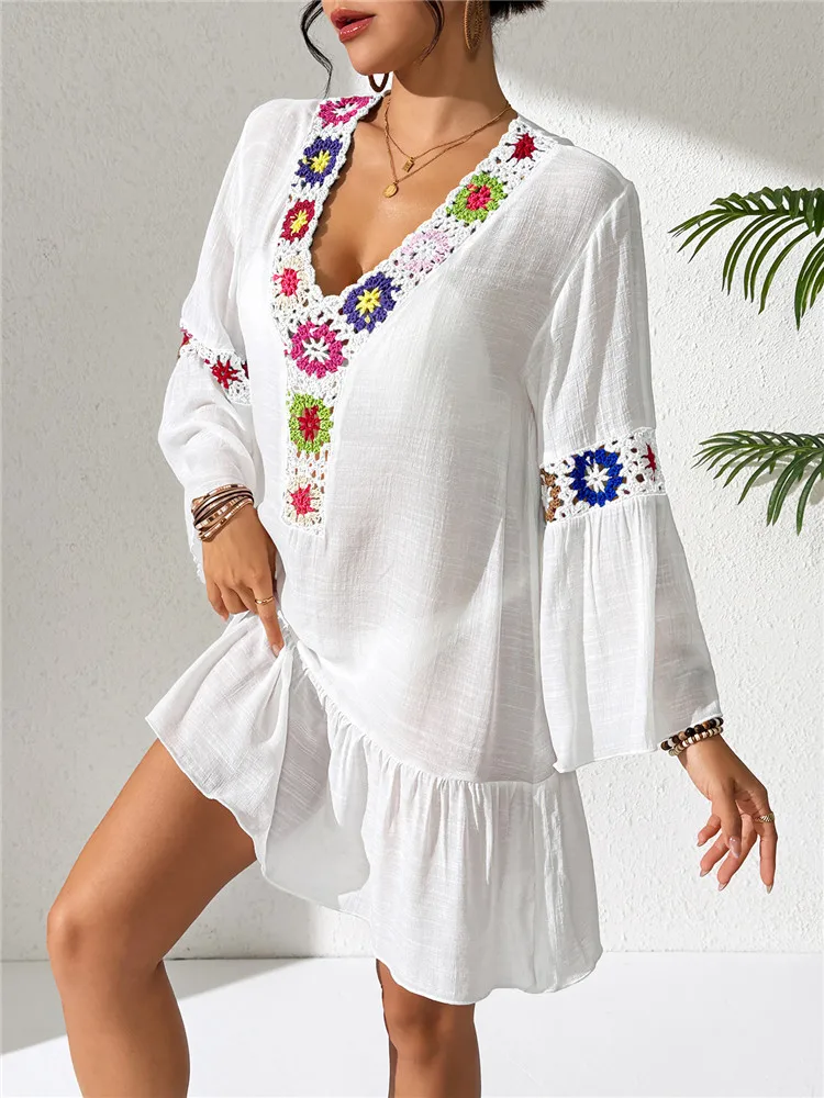 Женское пляжное платье-накидка с цветочным узором, длинными рукавами, оборками и рукавами-колокол для летнего отдыха в стиле бохо
Женское пляжное платье-накидка с цветочным узором, длинными рукавами, оборками и рукавами-колокол для летнего отдыха в стиле бохо