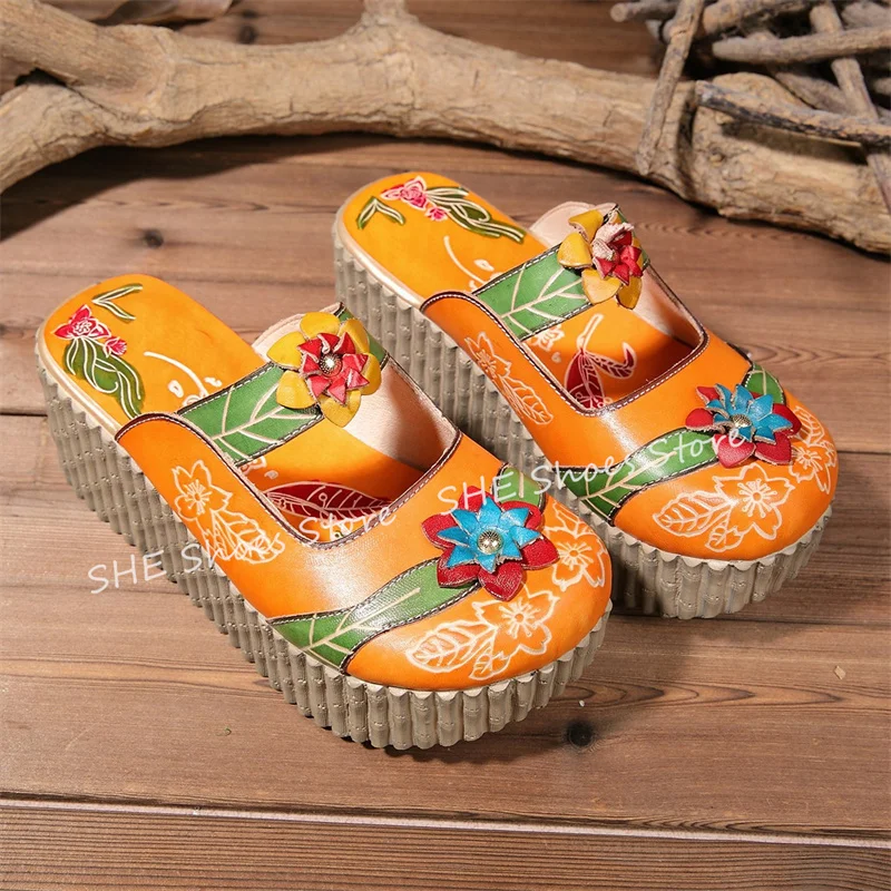 Ethnic Style Mixed Color 3D Flowers Decor Women Slippers Round Toe Wedges Genuine Leather Sandals Summer Ladies Dress Shoes
Ethnic Style Mixed Color 3D Flowers Decor Women Slippers Round Toe Wedges Genuine Leather Sandals Summer Ladies Dress Shoes