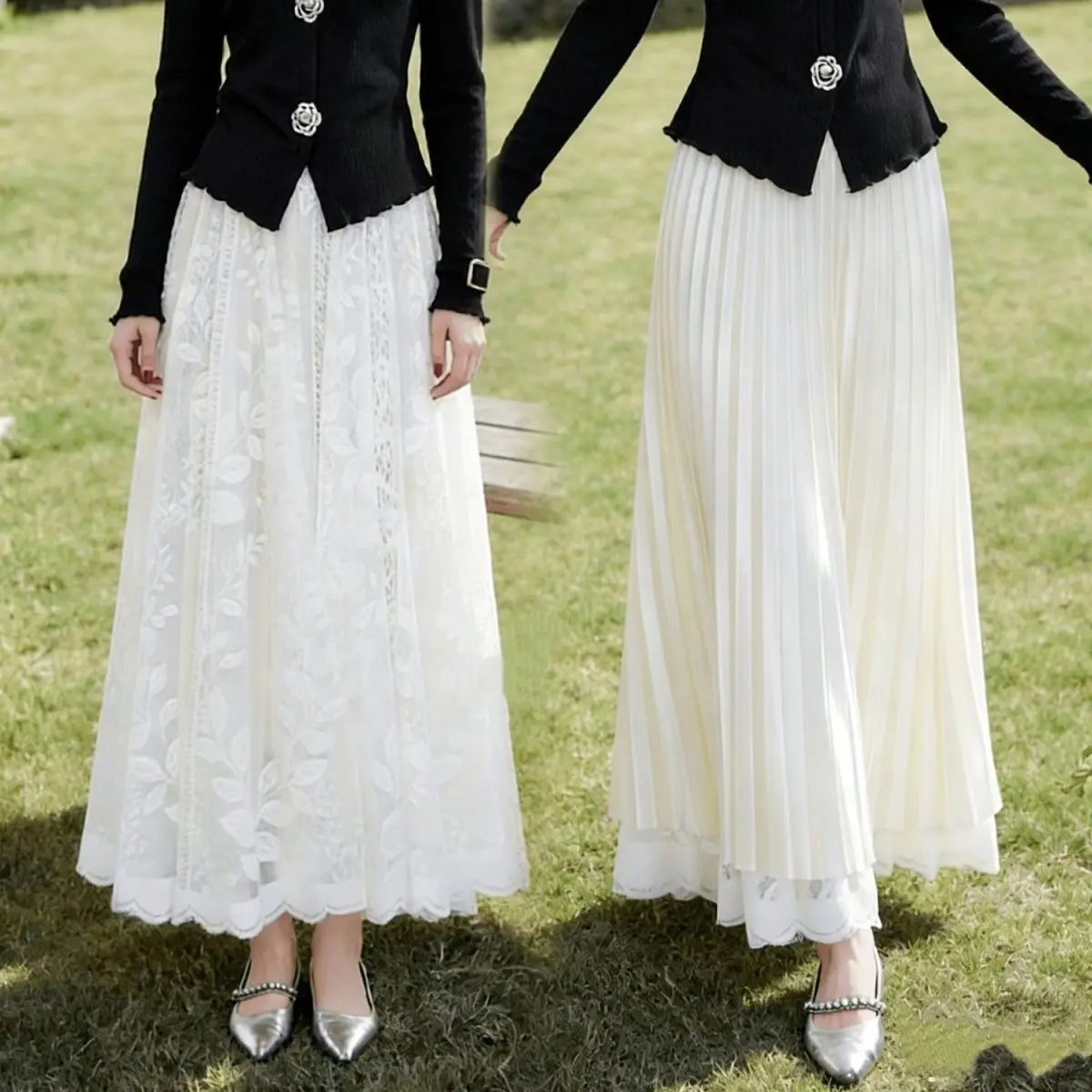 Two Sides Wear White Lace + Pleated Skirt Women Spring Summer Elastic High Waist A-Line Long Skirts Lady Fashion Gauze Skirts
Two Sides Wear White Lace + Pleated Skirt Women Spring Summer Elastic High Waist A-Line Long Skirts Lady Fashion Gauze Skirts