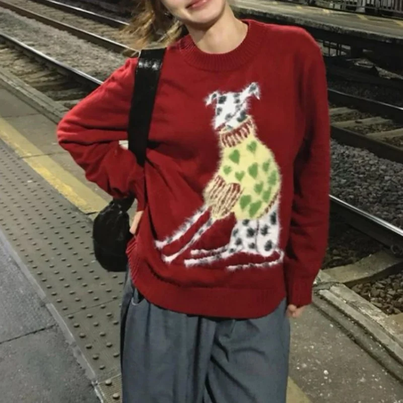 American Retro Green Love Spotted Dog Cute Cartoon Jacquard Sweater Loose Red Jumper Pullover Winter Tops Sweet Women Girls 2025
American Retro Green Love Spotted Dog Cute Cartoon Jacquard Sweater Loose Red Jumper Pullover Winter Tops Sweet Women Girls 2025