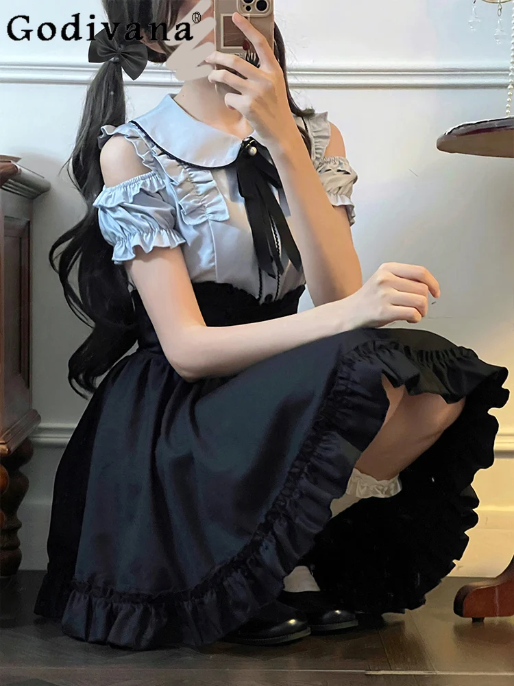 Summer New Japanese Off-the-shoulder Sweet Bow Long Short Sleeve Shirt Sweet Cool Black High-waisted A-line Age-reducing Skirt
Summer New Japanese Off-the-shoulder Sweet Bow Long Short Sleeve Shirt Sweet Cool Black High-waisted A-line Age-reducing Skirt