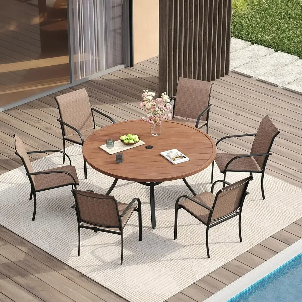 All-Weather Metal Patio Dining Set with 47 Round Walnut Table and Brown Fabric Chairs
All-Weather Metal Patio Dining Set with 47 Round Walnut Table and Brown Fabric Chairs
