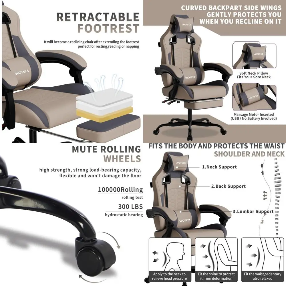 Ergonomic High-Back Gaming Chair with Massage, Footrest, Comfortable Headrest, Lumbar Support, 300lbs Capacity (Grey)
Ergonomic High-Back Gaming Chair with Massage, Footrest, Comfortable Headrest, Lumbar Support, 300lbs Capacity (Grey)