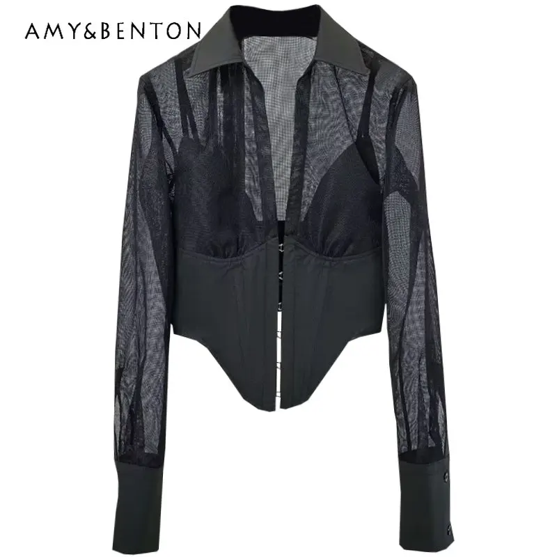 Hot Girl Black Irregular Mesh Stitching Long-Sleeved Blouse Short Summer Sexy Slim Fit Shirts Top Blusas De Verano Mujer 2023
Hot Girl Black Irregular Mesh Stitching Long-Sleeved Blouse Short Summer Sexy Slim Fit Shirts Top Blusas De Verano Mujer 2023
