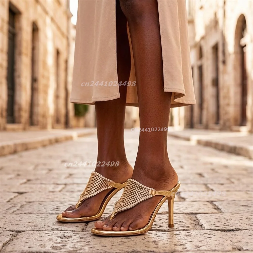 Women's Gold Metallic Mirror Upper Square Open Toe Thong Slippers Rhinestone Trim Mesh Panel, Ankle Strap Split Toe Sexy Shoes
Women's Gold Metallic Mirror Upper Square Open Toe Thong Slippers Rhinestone Trim Mesh Panel, Ankle Strap Split Toe Sexy Shoes