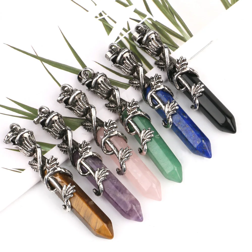Stone Pendants Rose Flower Wrapped Hexagonal Crystal Natural Aventurine Lapis Lazuli Amethyst Quartz Gemstone for Women Necklace
Stone Pendants Rose Flower Wrapped Hexagonal Crystal Natural Aventurine Lapis Lazuli Amethyst Quartz Gemstone for Women Necklace