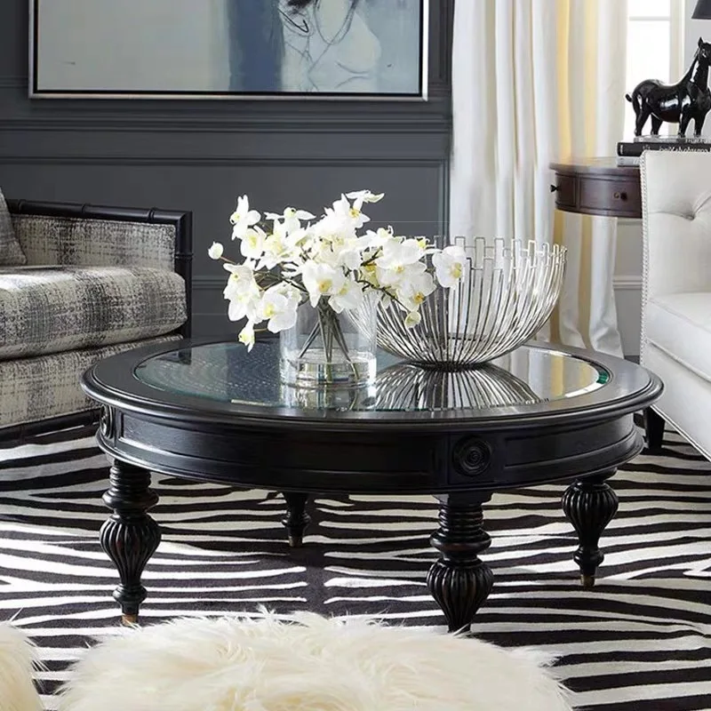 Solid wood coffee table carved rattan art small apartment round tempered glass tea table black solid wood table
Solid wood coffee table carved rattan art small apartment round tempered glass tea table black solid wood table
