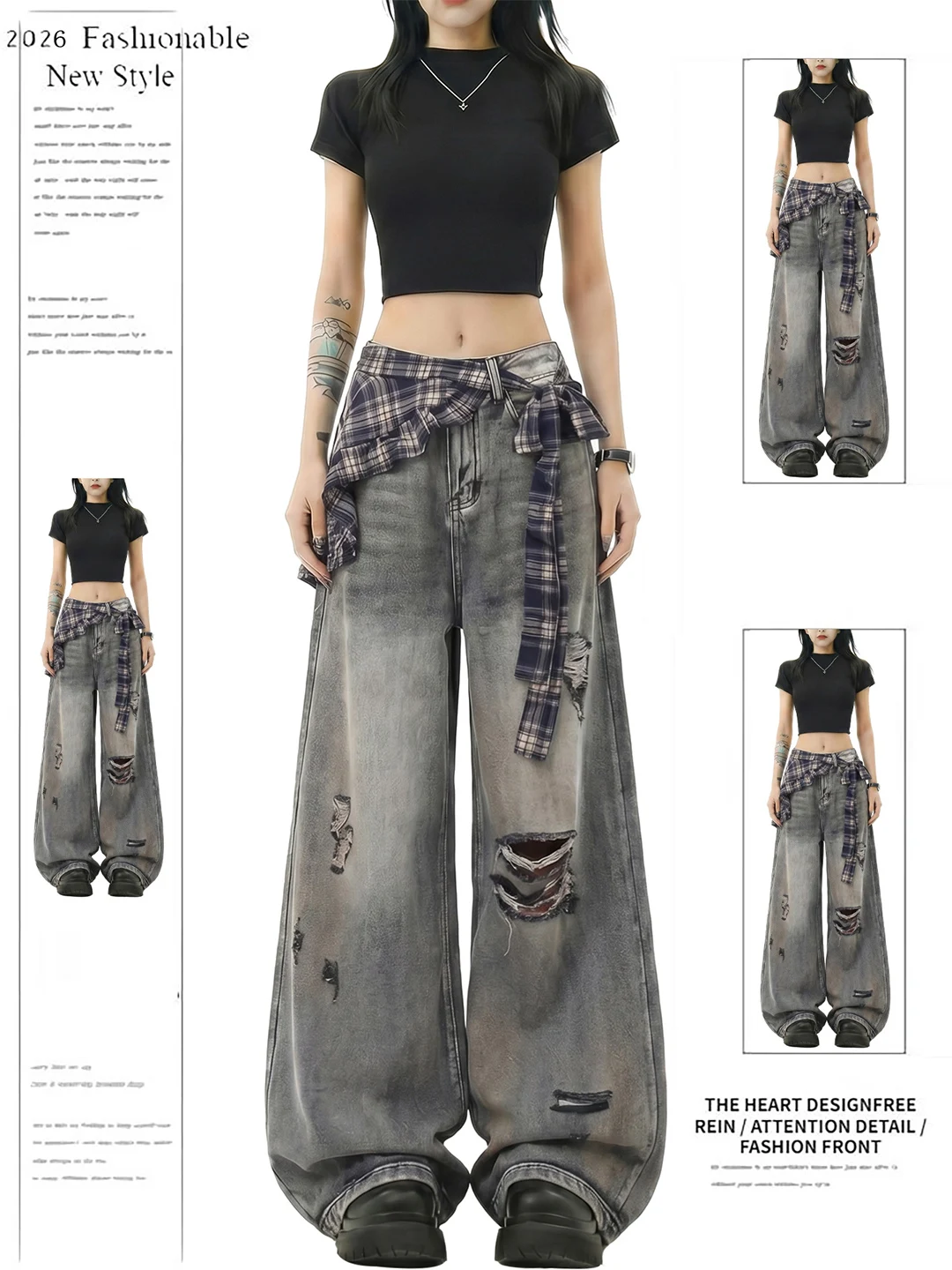 Retro American Style Women's Denim Jeans Spring 2026 New Design Torn Wide Leg Pants Plaid High Waist Jeans Casual Wear
Retro American Style Women's Denim Jeans Spring 2026 New Design Torn Wide Leg Pants Plaid High Waist Jeans Casual Wear