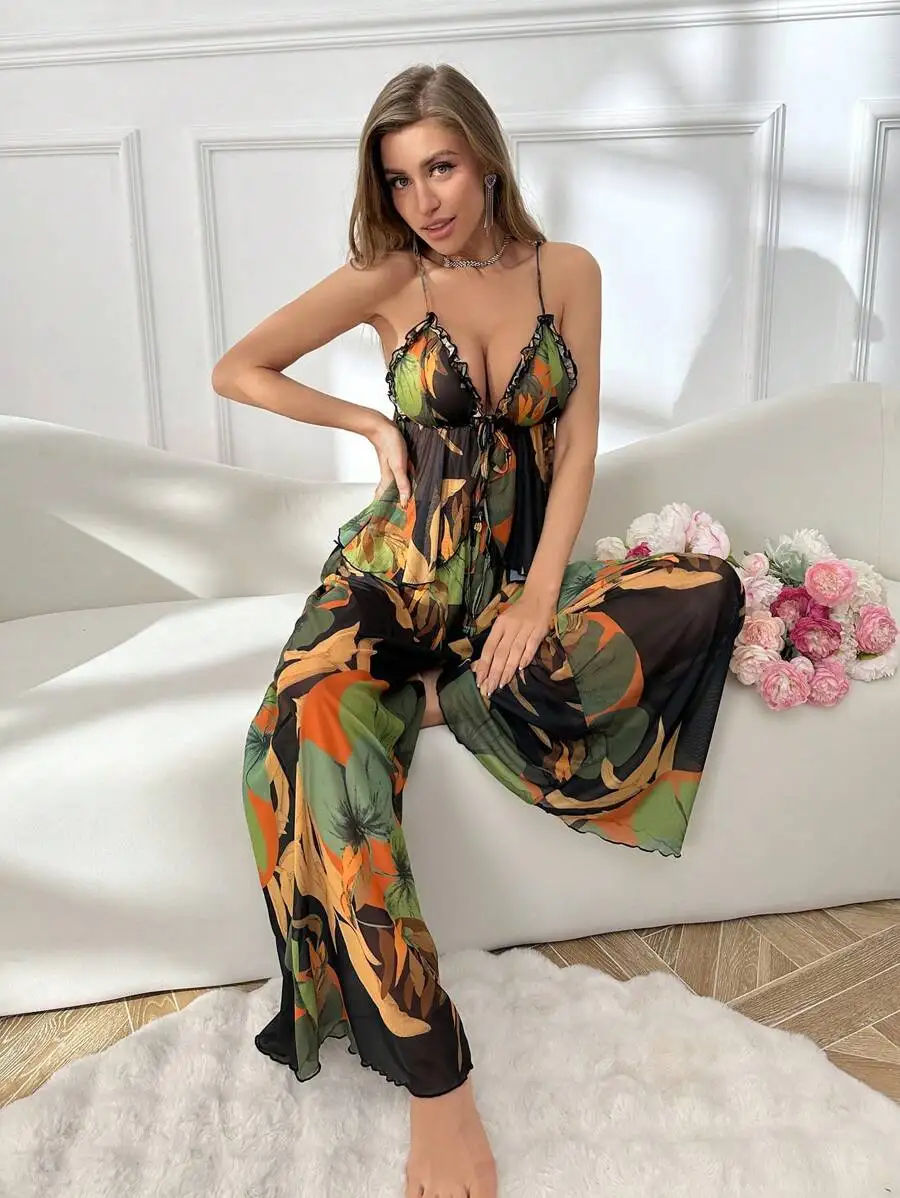 Womens Floral Print Sleeveless Cami Pajama Set With Wide Leg Pants
Womens Floral Print Sleeveless Cami Pajama Set With Wide Leg Pants