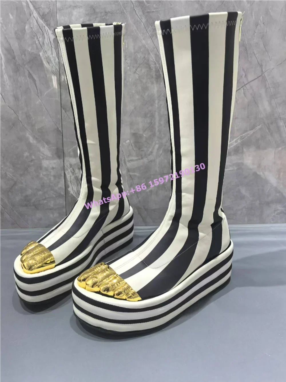 Five Finger Black White Boots Gold Metal Toe Thick Soled Platform Zebra Slip On Elastic Runway Boots Women's Sexy Winter Shoes
Five Finger Black White Boots Gold Metal Toe Thick Soled Platform Zebra Slip On Elastic Runway Boots Women's Sexy Winter Shoes