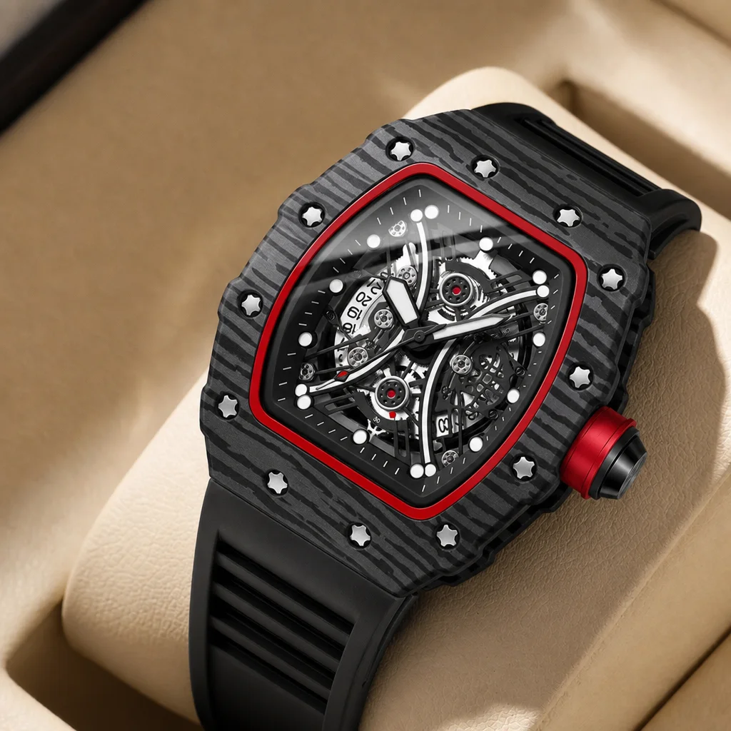 1pcs Men's black dial silicone strap vintage fashion tonneau case skeleton sporty details Quartz Watch for daily business party
1pcs Men's black dial silicone strap vintage fashion tonneau case skeleton sporty details Quartz Watch for daily business party