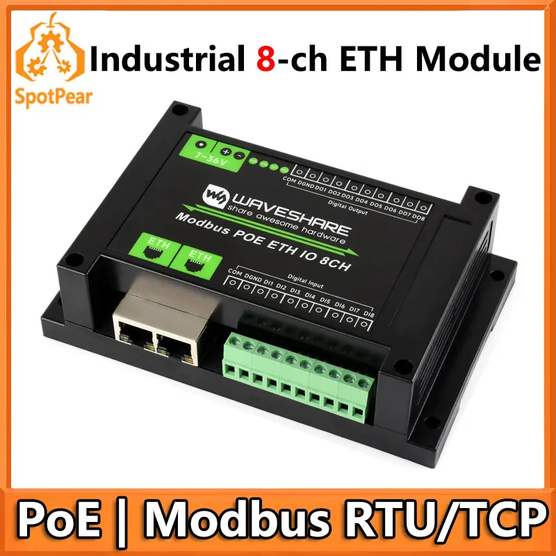 Industrial Grade ETH Ethernet 8-Channel Relay Module, Modbus, PoE Power Supply