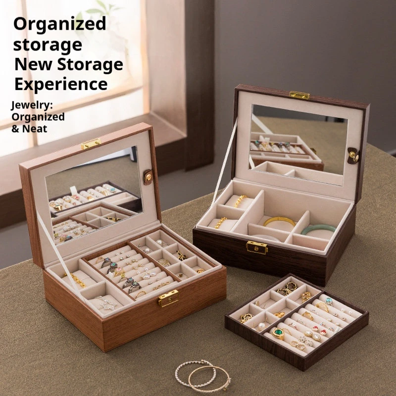 Luxury high-end gold jewelry box with faux wooden walnut grain leather design for storing jewelry items.
Luxury high-end gold jewelry box with faux wooden walnut grain leather design for storing jewelry items.