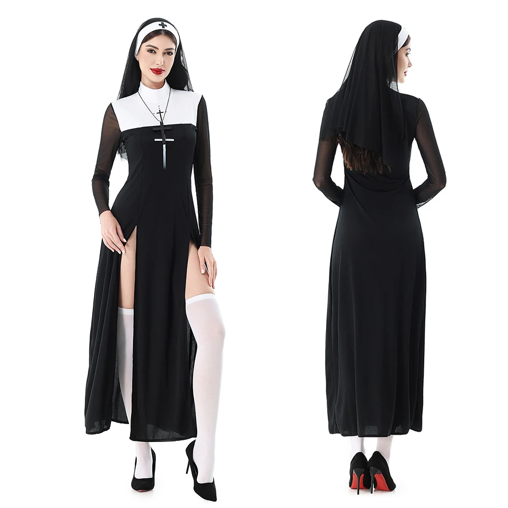 Women's Abstinence Sexy Nun Costume Full Set with Cross Headpiece Veil Halloween Carnival Cosplay Party Performance Outfit Suit
Women's Abstinence Sexy Nun Costume Full Set with Cross Headpiece Veil Halloween Carnival Cosplay Party Performance Outfit Suit